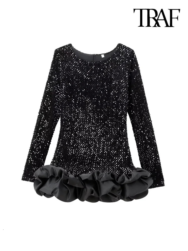 TRAF Women Fashion Matching Voluminous Hem Sequined Mini Dress O Neck Long Sleeve Female Dresses Vestidos Mujer 241216