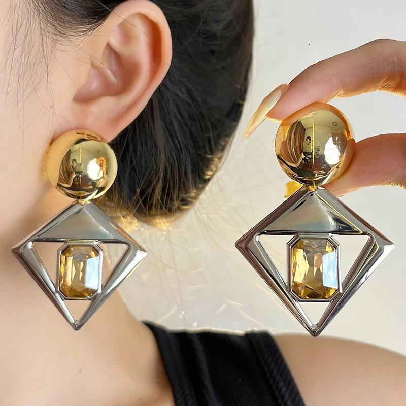 Exaggerated Fashion Glossy Metal Geometric Round Gold Color Silver Crystal Drop Earrings for Women Girls Jewelry Gifts 2024 241220