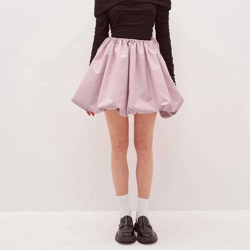 Y2K Vintage Loose Fitting Elastic Waist Short Lantern Skirt Casual Solid Color oon A-line Skirt Women Puff Mini SkirtsXJ241221