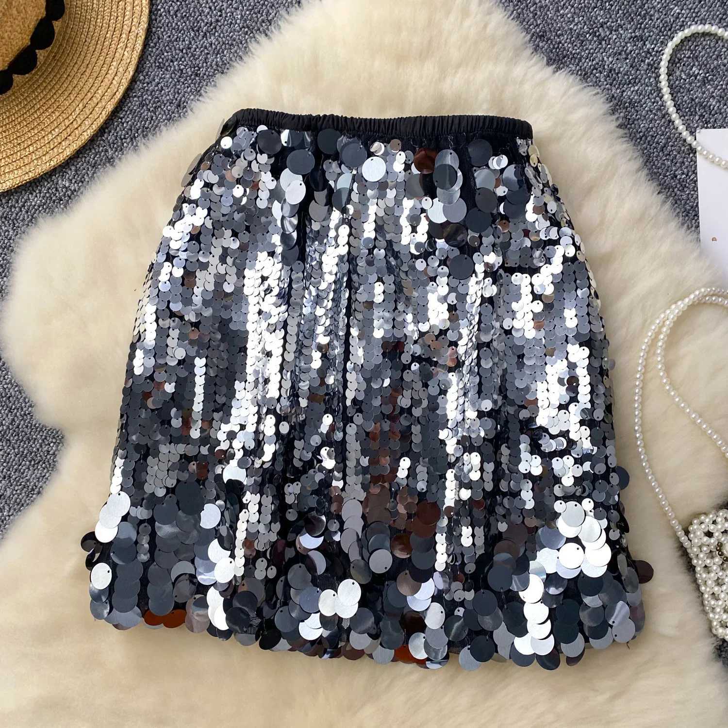 Women Chic Sexy Skirt color Sequin High Waist Korean Fashion Vintage Pencil Skirt Summer Clothing Short SkirtsXJ241221