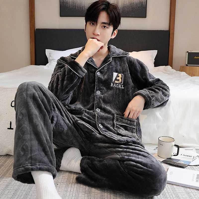 4XL 5XL Mens Fashion Autumn Winter Pajama Set Coral Velvet Pajama Cardigan Set Flannel Mens Pajama Thickened Pajama W241221