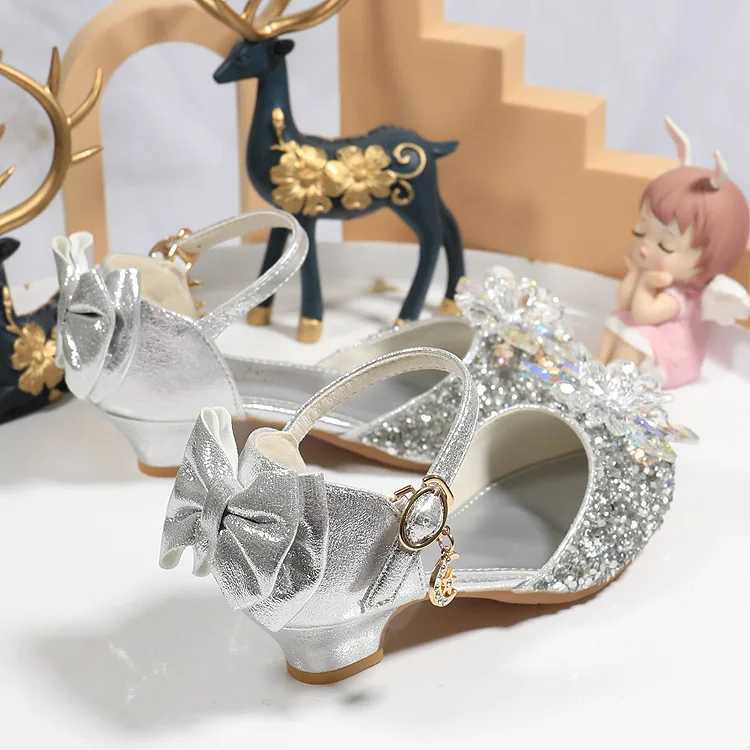 Sneakers Girls Princess Shoes Performance Crystal Shoes Summer Children High Heels Model Walking Show Performance Leather H241221