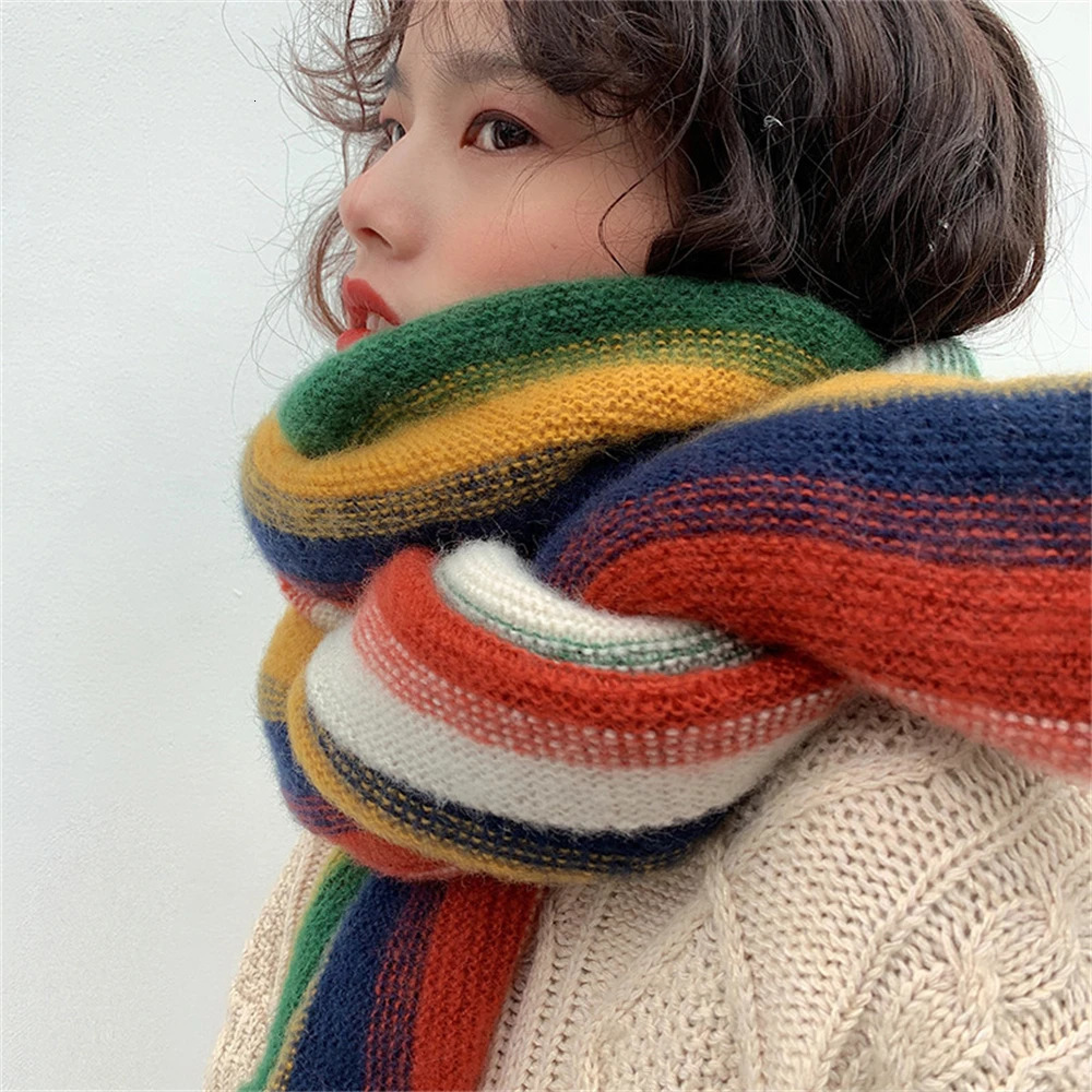 Rainbow Knit Scarf for Women Winter Thick Cashmere Stripe Shawl and Wrap Fashion Warm Streetwear Girls Foulard Wool Scarves 241220