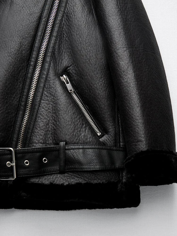 ZBZA Women Fall Winter Fur Integrated Thermal Jacket Coat Faux Leather Longsleeved Lapel Padded Warm Chic Female Outerwear 241216