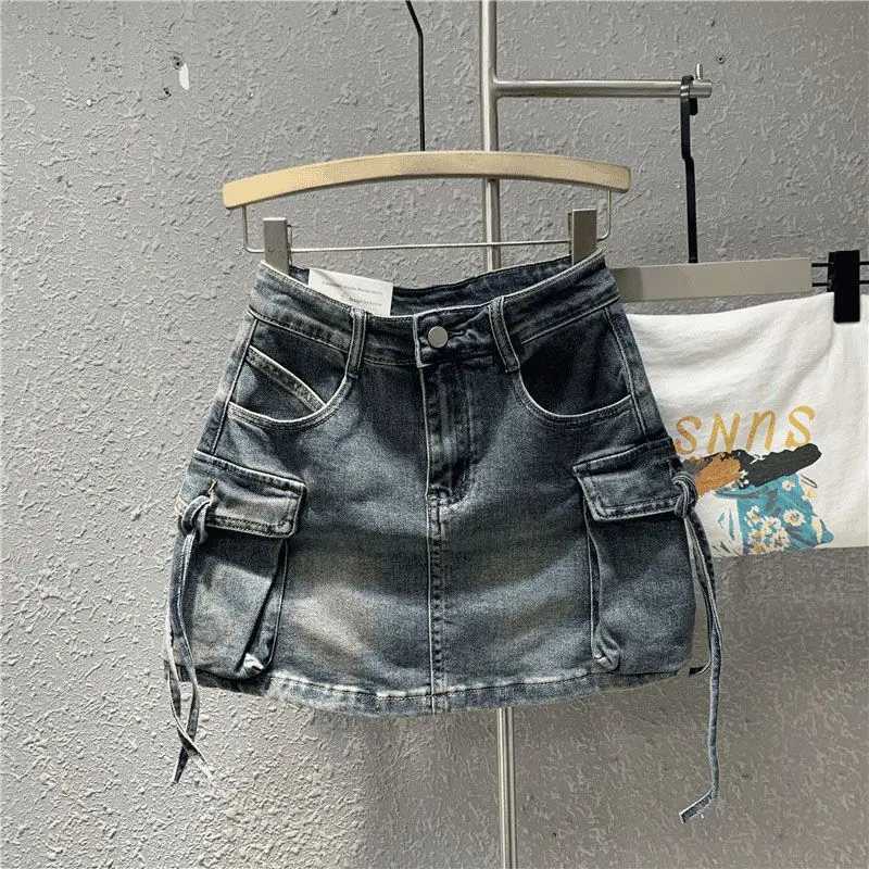 2024 New Fashion Three Dimensional Strap Pocket Wash High Tooling Denim Skirt Women Y2K Summer Vintage Casual Joker A SkirtXJ241221