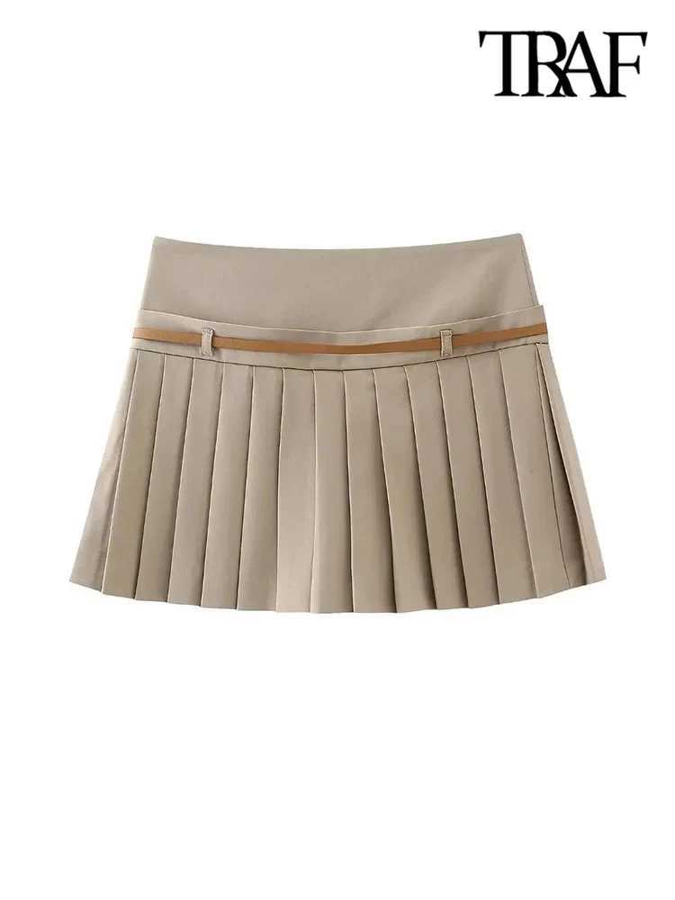 TR-Pleated Shorts Skirts for Women With Belt Side Zipper Mid Waist Fe Skort Chic FashionXJ241221