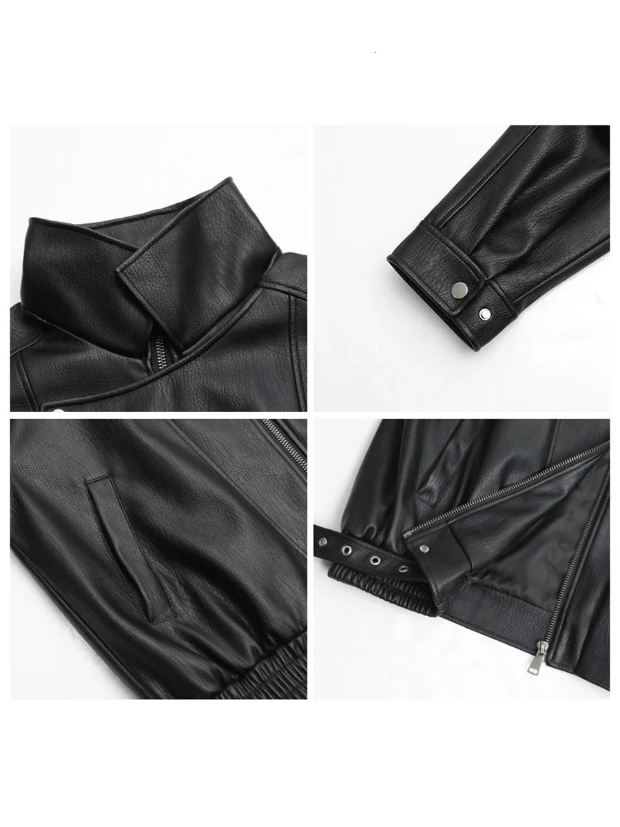 CHIC VEN Female PU Jacket Solid Loose Retro Standing Collar Motorcycle Faux Leather Coat Top Spring Autumn 241216