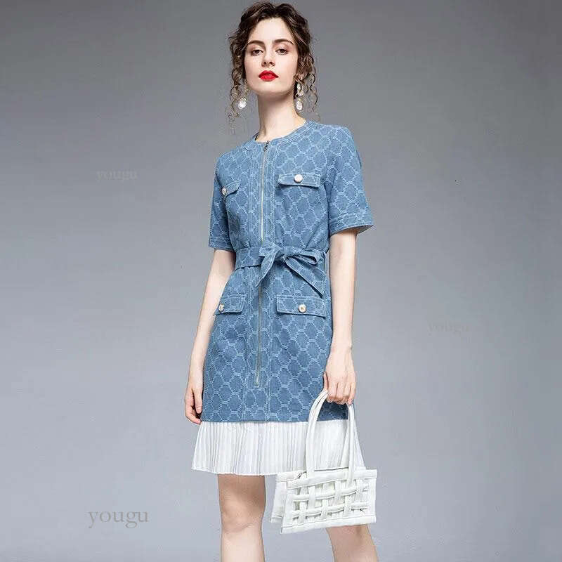 Casual Dresses Summer Short Denim Dress Bandage Waist Pockets Women Sleeve Zipper Jean Elegant Party Pleated Swing DressCasual
