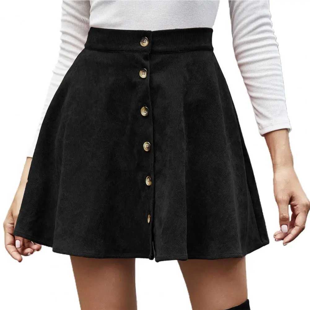 Women Vintage Corduroy Button Front High Waist Skirt Women Fall Winter Casual Flared Skirts Ladies Ele Solid Skirts FaldasXJ241221