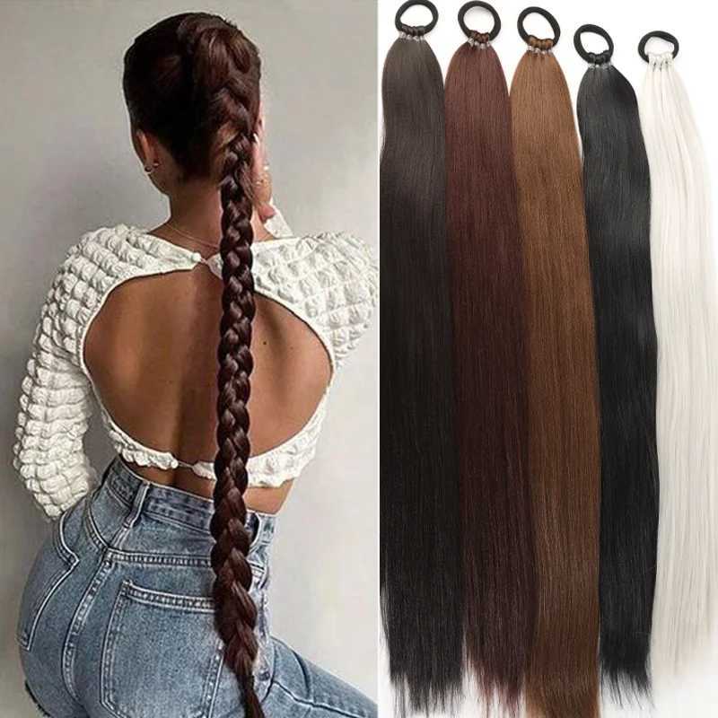 LUPU Synthetic 28 Inch Long Ponytail Extensions With Elastic Band Versatile DIY Braided Ponytail For Women Girls Black BrownXJ241221