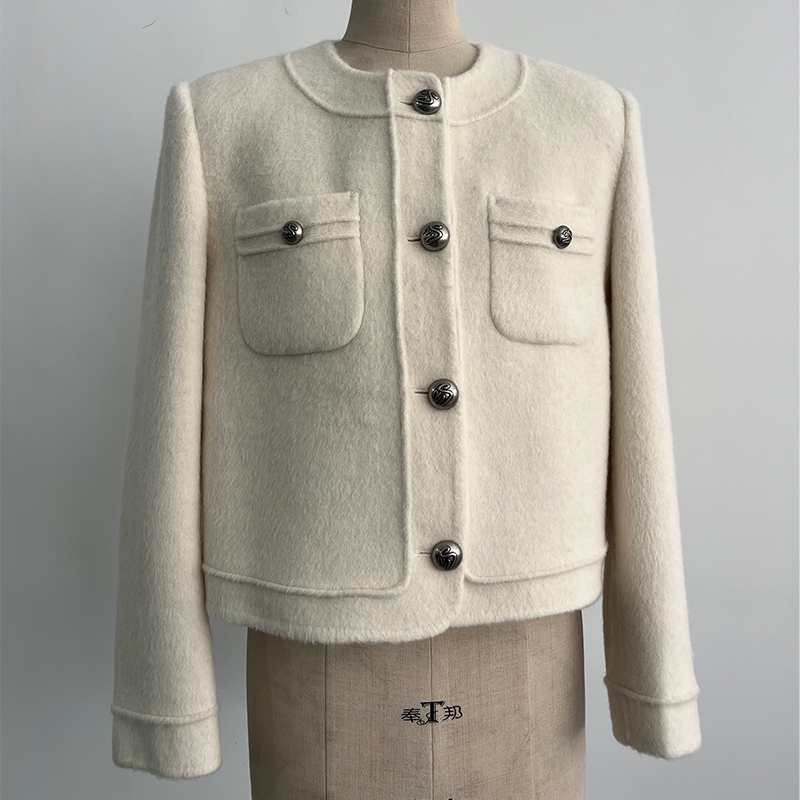 women's coat new fashion woolen gold button coat retro round neck long sleeve elegant female coat