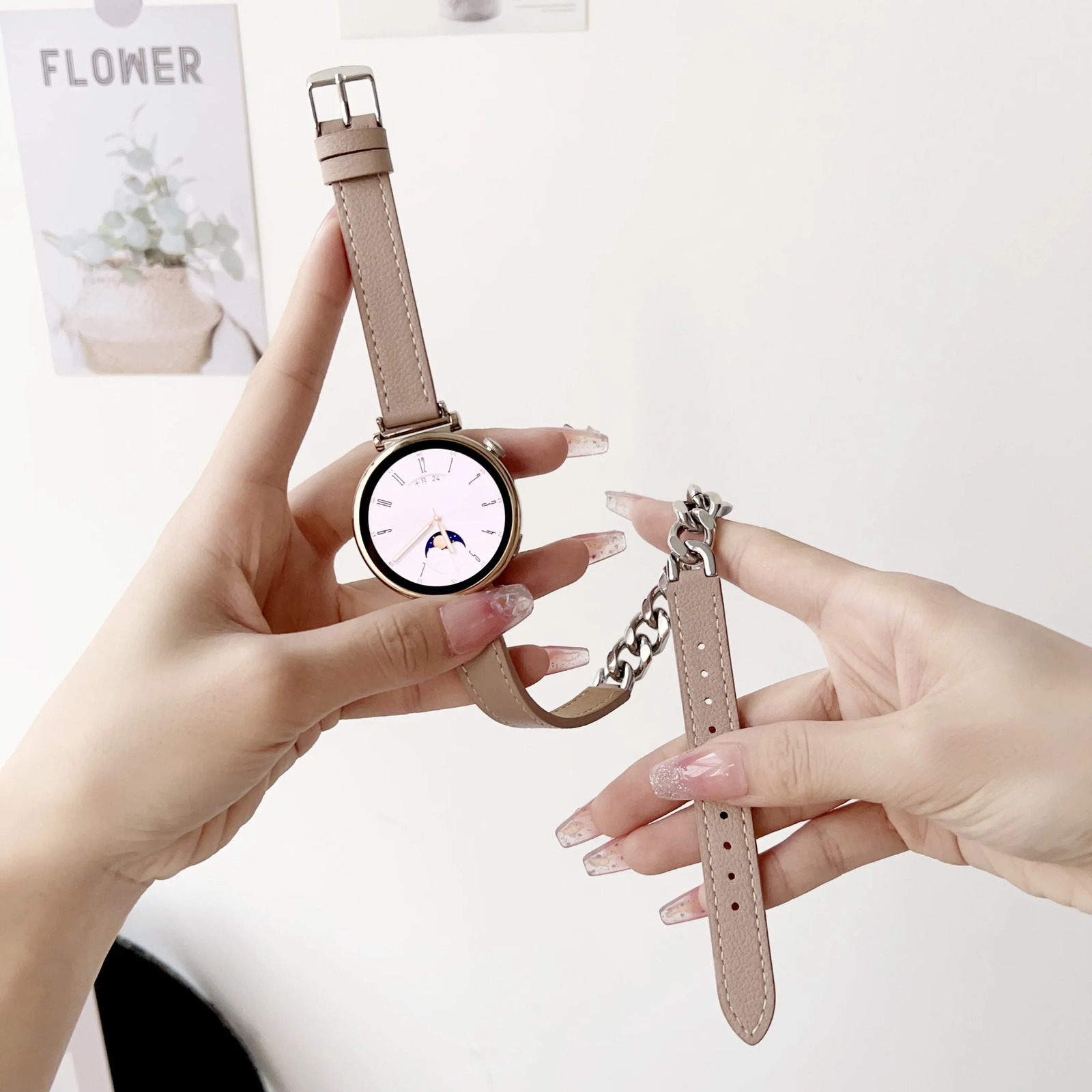 18mm Chain leather strap watch band For Huawei Watch GT4 5 41mm Smartwatch strap for women girl lady 241220