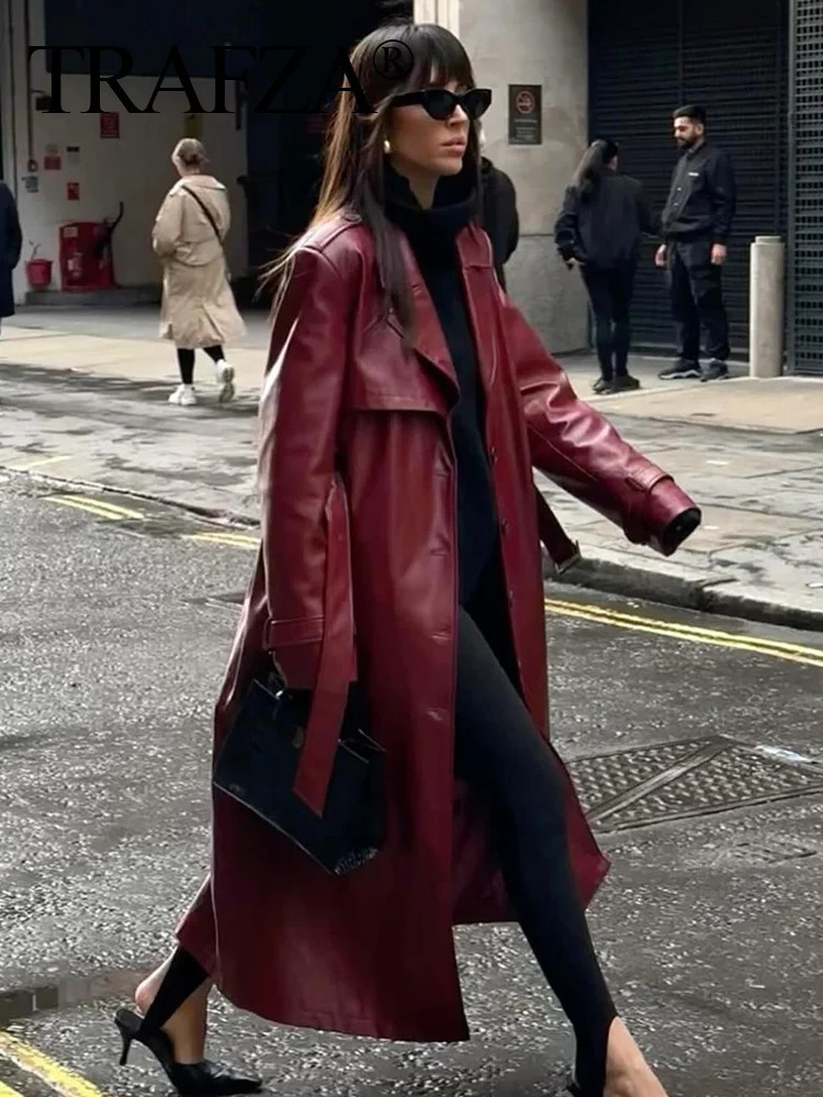 TRAFZA Women Burgundy Faux Leather Maxi Long Trench Coat Elegant Lapel Sleeve Jackets with Belt Female Fashion Outerwear 241216