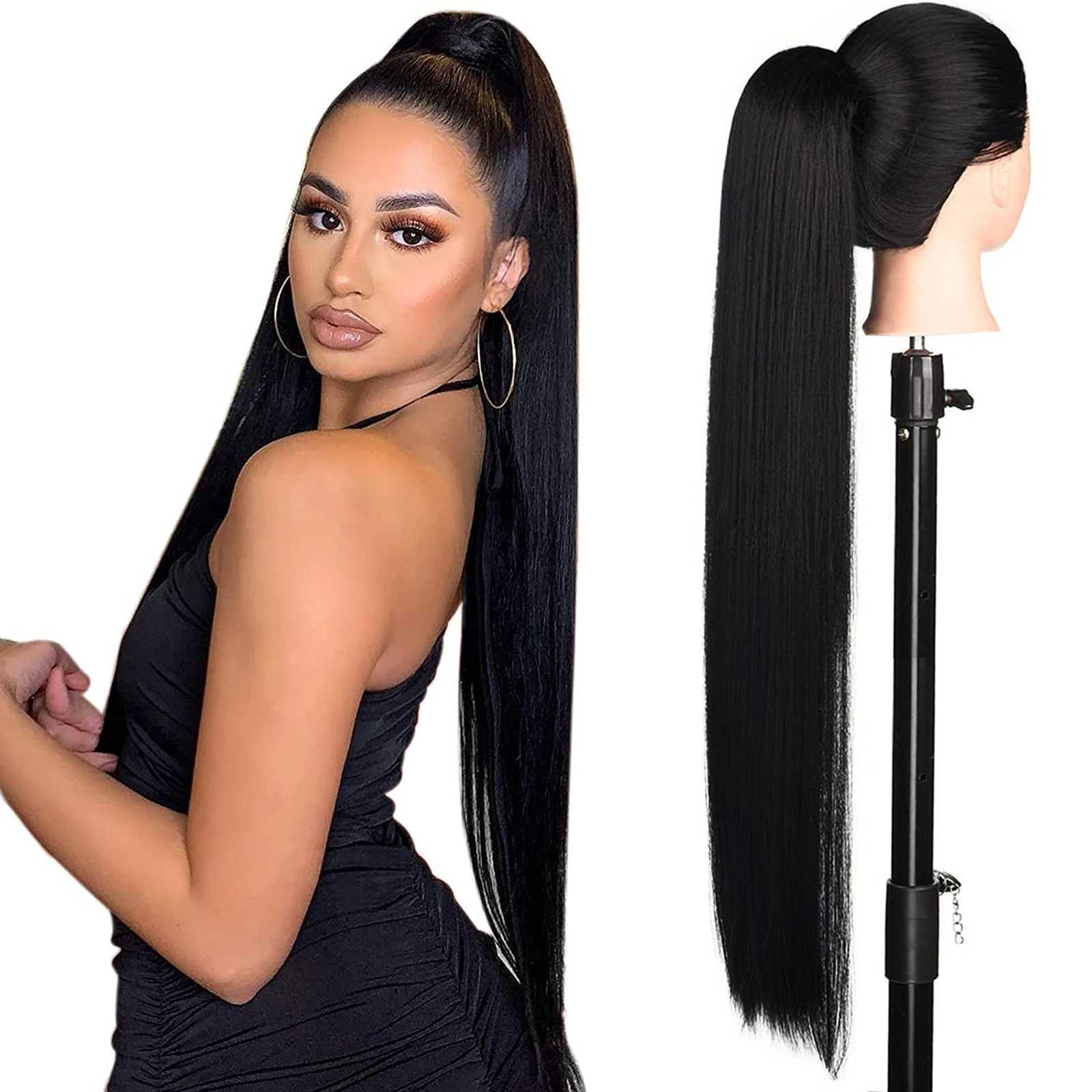 Teresahr Synthetic 36 inch Ponytail Extension Half Yaki Drawstring Ponytail Black Long Kinky Straight 50% Yaki Pony TailsXJ241221