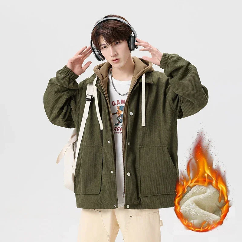 Padded Jacket Mens Winter Baseball Hoodie Cotton Jacket Men Hipster Workwear Street Hip Hop Top Fake Two Piece Casual 241216