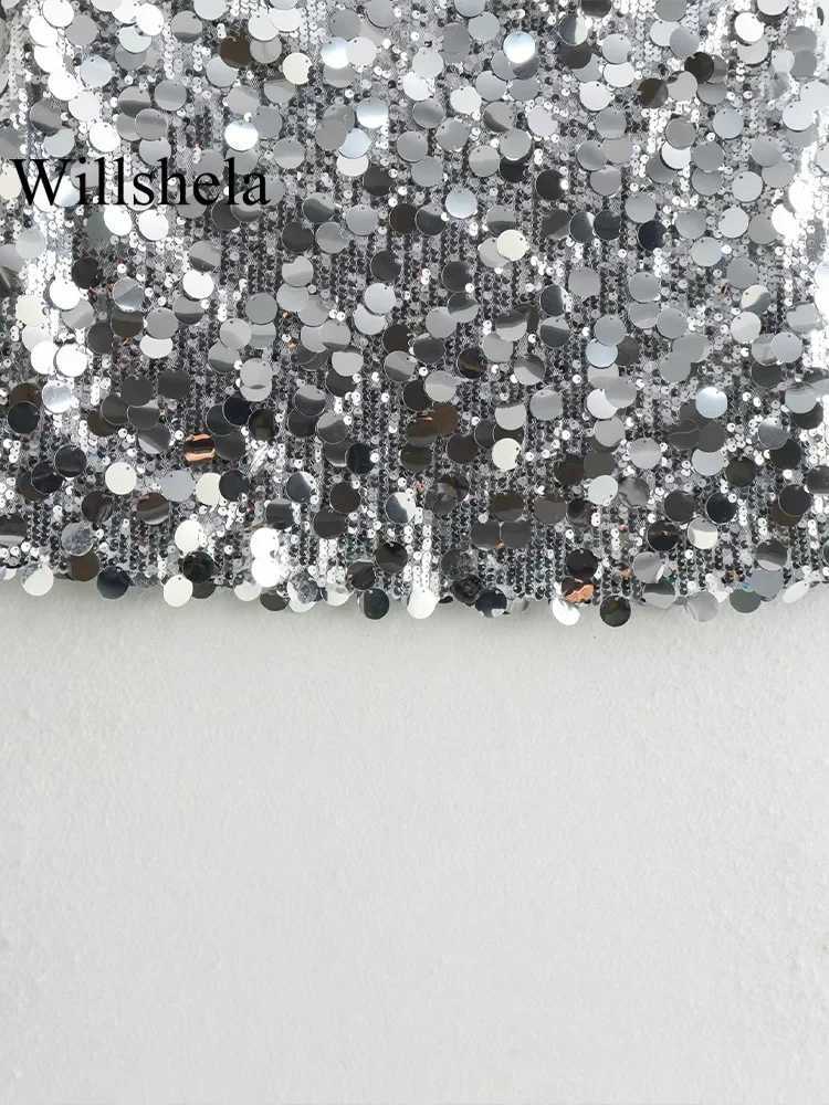 Willshela Women Fashion With Sequined Solid Side Zipper Mini Skirt Vintage High Waist Fe Chic Lady SkirtsXJ241221