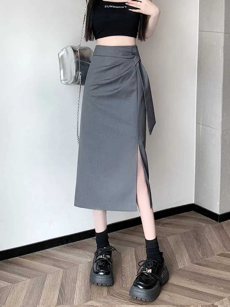 Women Grey A-Line Long Skirts Y2k Harajuku Korean Vintage 90s Aesthetic High Waist Skirt 2000s Trashy Clothes 2025 SummerXJ241221