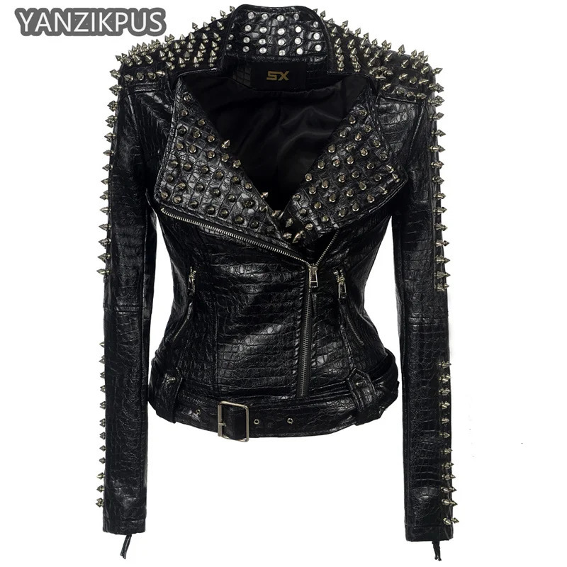 Steampunk Rock Rivet Womens Leather Jacket Slim Short Streetwear Gothic y PU Locomotive Coat Femme 241216