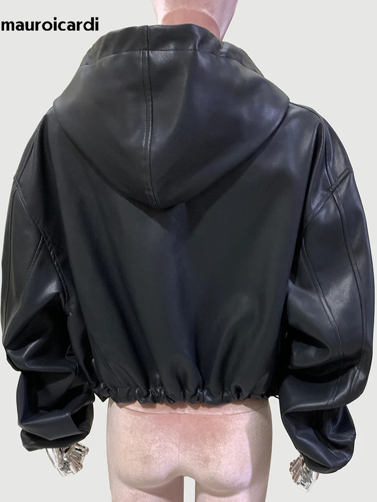 Mauroicardi Spring Cool Short Waterproof Black Pu Leather Jacket Women with Hood Long Sleeve Zipper y ner Clothes 241216