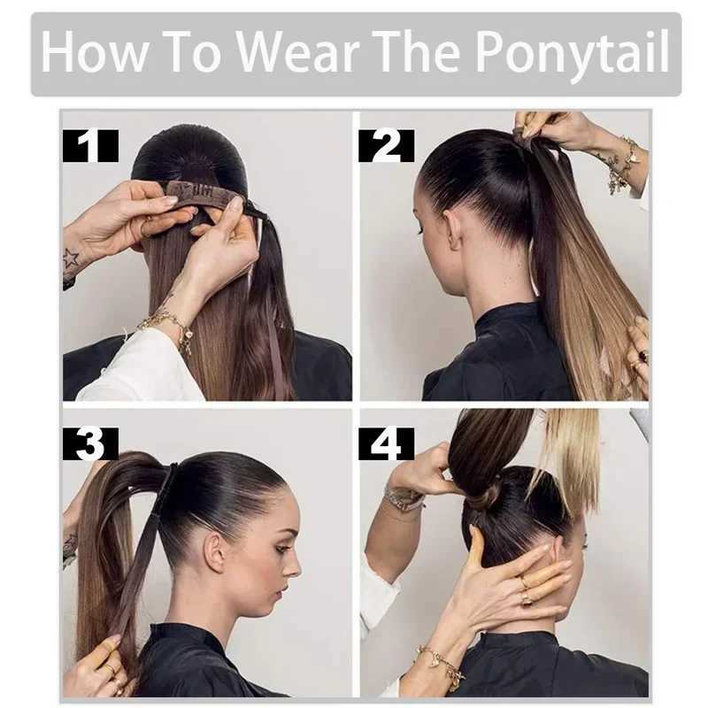 Long Straight Clip in Ponytail Extensions for Women Natural Synthetic Wrap Around Ponytail False Hair Black Straight Horse TailXJ241221