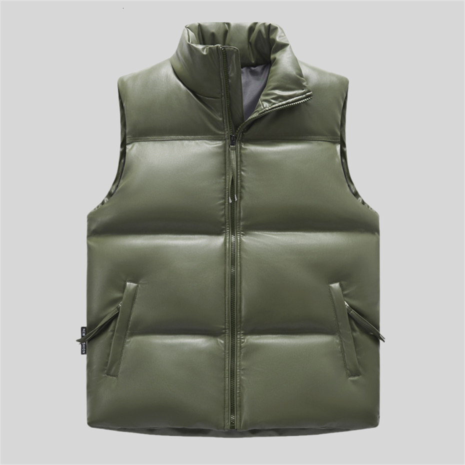 Windproof PU Leather Vest Winter Sleeveless Jacket Padded Coat Men Zipper Warm Thicken Waistcoat Thick Gilet Black Jackets