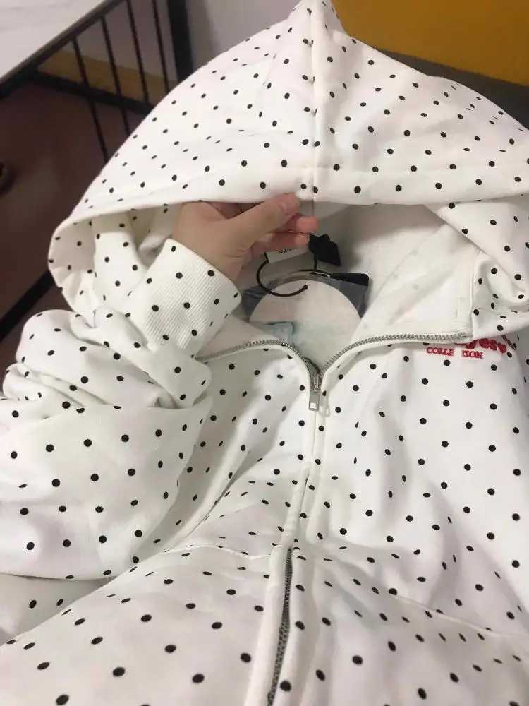 Vintage White Polka Dots Cotton Embroidered Long Slve Hooded Cardigan Zipper Sweatshirt Coat 2024 Autumn Women Oversized TopsC241221