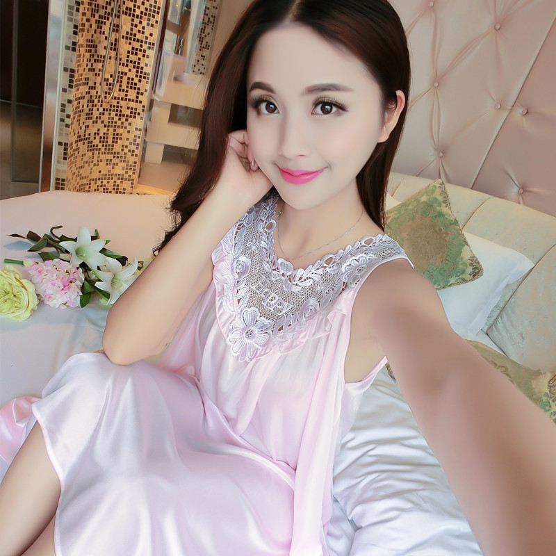 B565-Ice silk nightdress pajamas women summer loose large size sleeveless sexy lace home clothes thin section