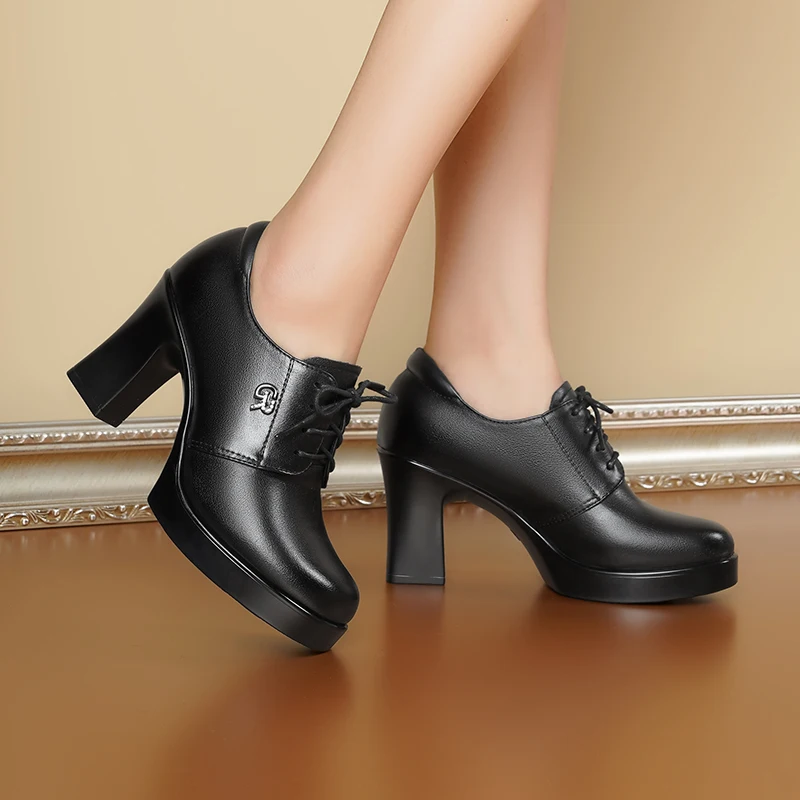 AIYUQI Women High Heels Shoes Fall Genuin Leather Plus Size Women Dress Shoes Lace-up Women Shoes