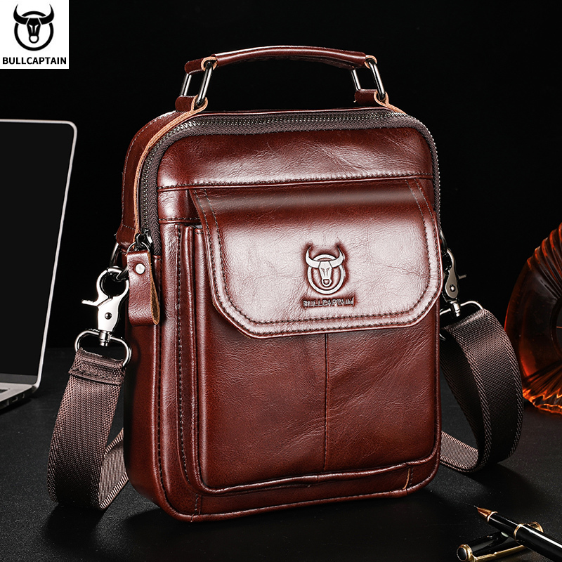 BULLCAPTAIN Men's Genuine Leather Shoulder Multifunctional 7.9-Inch Tablet Handbag Retro Casual Crossbody Bag Cowhide