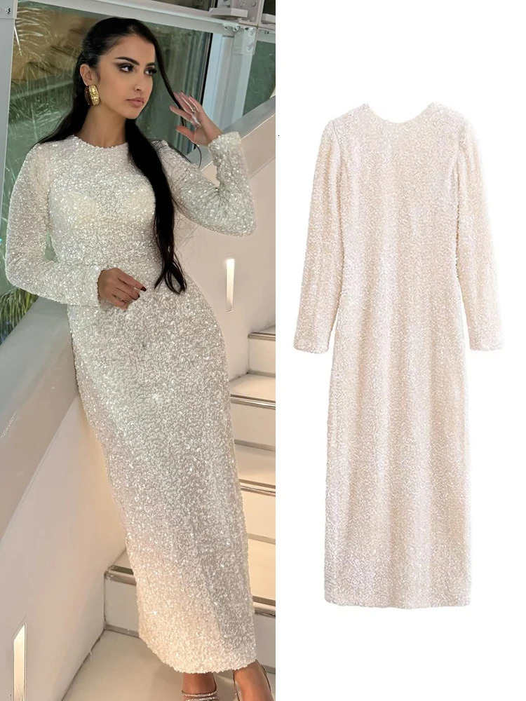 Elegant Sequined Solid Women Dresses Full Sleeve O Neck Lady Maxi Dress Fashion Sexy Party Evening Straight Female Vestidos 241216