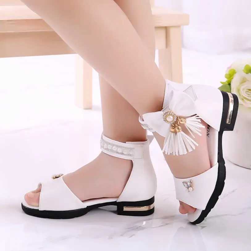 Sneakers Childrens Bow Sandals Childrens Girls Summer Cute Sandals Beach Sandals 2024 Princess Fashion High Heels Tassel School Shoes H241221