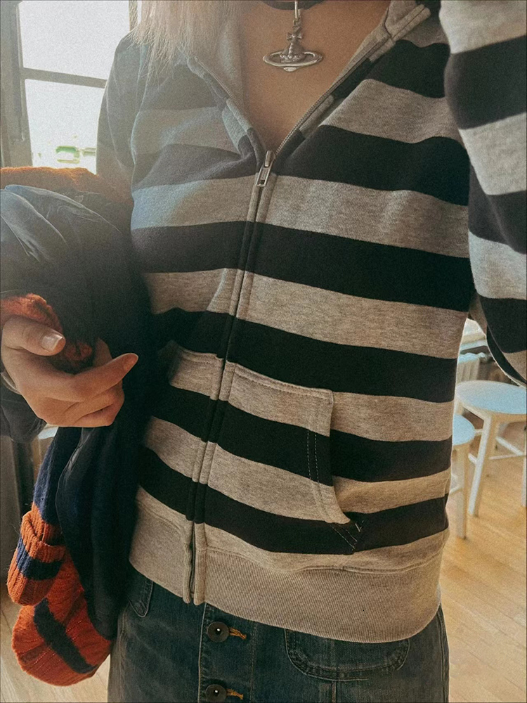 Striped Patchwork Zip-Up Hoodie Autumn Cotton Pocket Drawstring Hooded Sweatshirt Women Y2k Streetwear Vintage Loose Tops Jacket