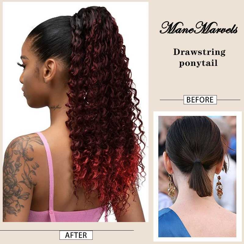 Long Kinky Curly Ponytail Synthetic Drawstring Ponytail Clip-In Hair Extension for Women Ombre Red Natural Curly Fake HairpieceXJ241221