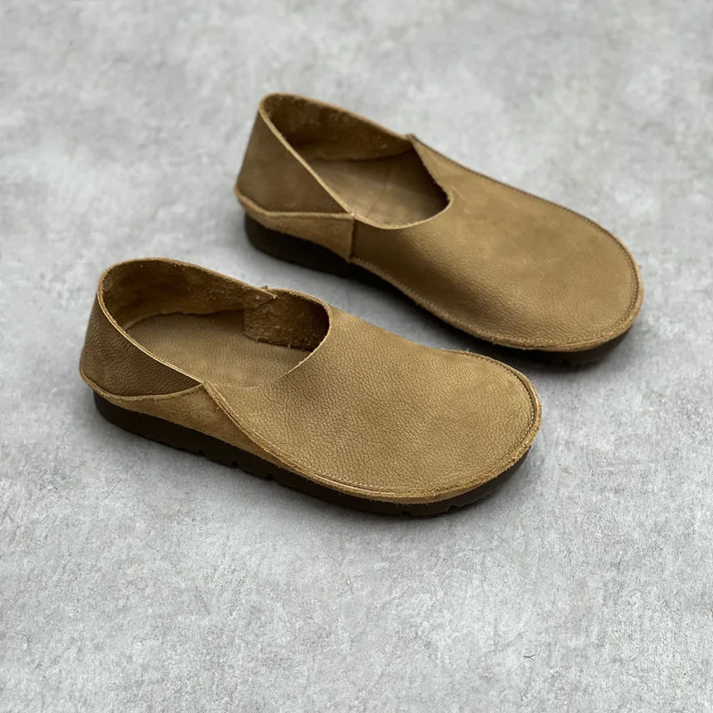 Johnature Retro Womens Genuine Leather Shallow Flat Shoes 2024 Handmade Soft Bottom Casual Round Sole Solid Color Loafers 241213