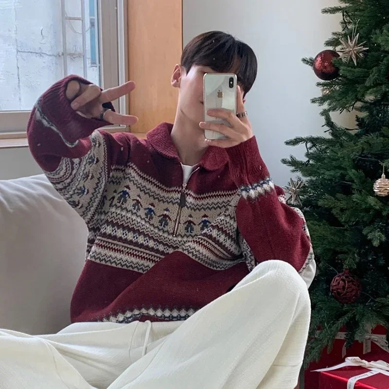 WInter Fair Isle Half Zip Polo Neck Sweaters For Men Y2K Vintage Christmas Knitted Pullovers Red Knitwear Man 241220