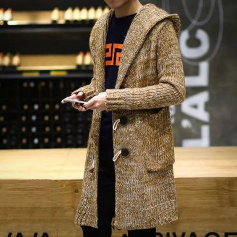 Cardigan Sweater Mens Autumn Winter Mid-length Windbreaker Casual Large Size Hooded Knitted Horn Button Jacket Sweaters 241220