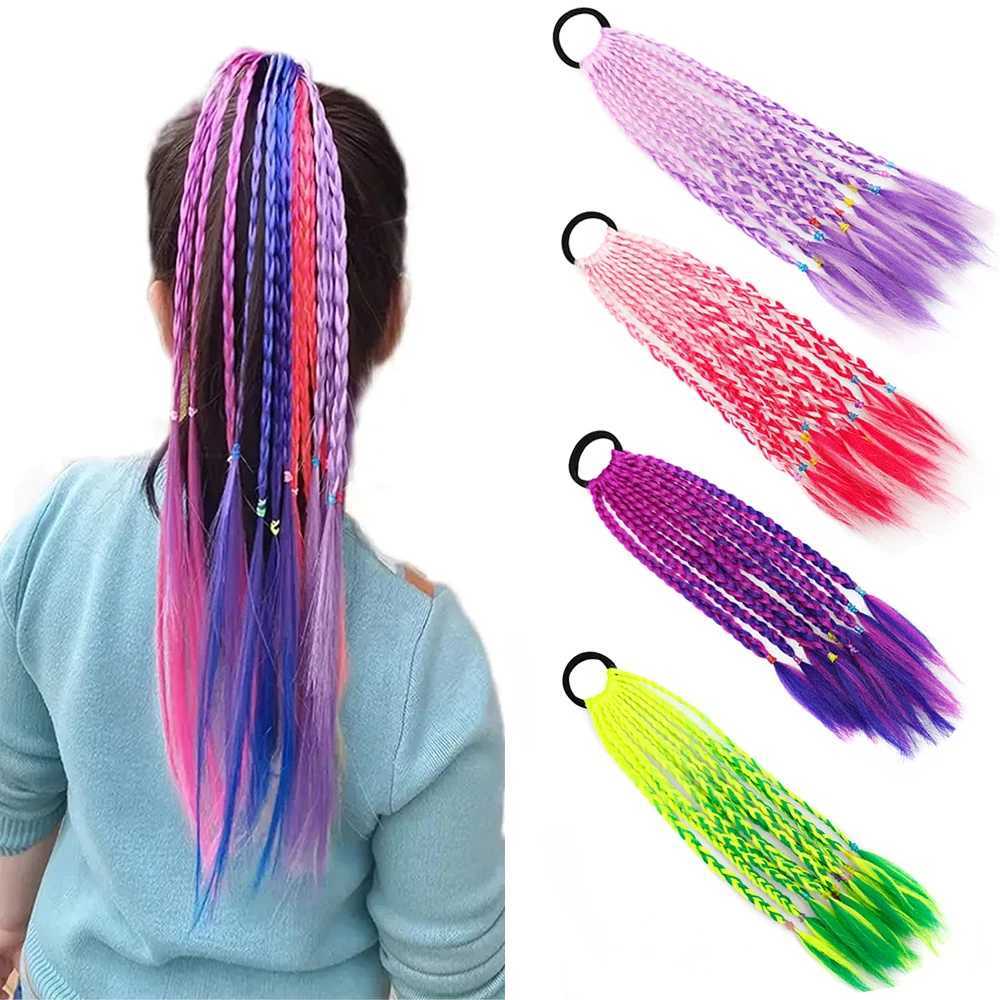 Girls Rubber Bands Hair Extension for s Colorful Braided Ponytail Rainbow Hair Accessories 14 Inch Synthetic HairpiecesXJ241221