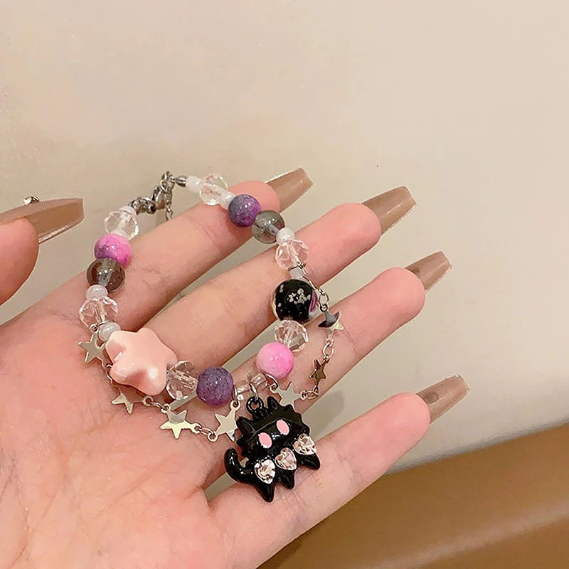 Black Cat Heart Rhinestone Pentagram Star Beads Bracelet For Women Aesthetic Sweet Cool Trendy Jewelry Korean Fashion Gift 241214