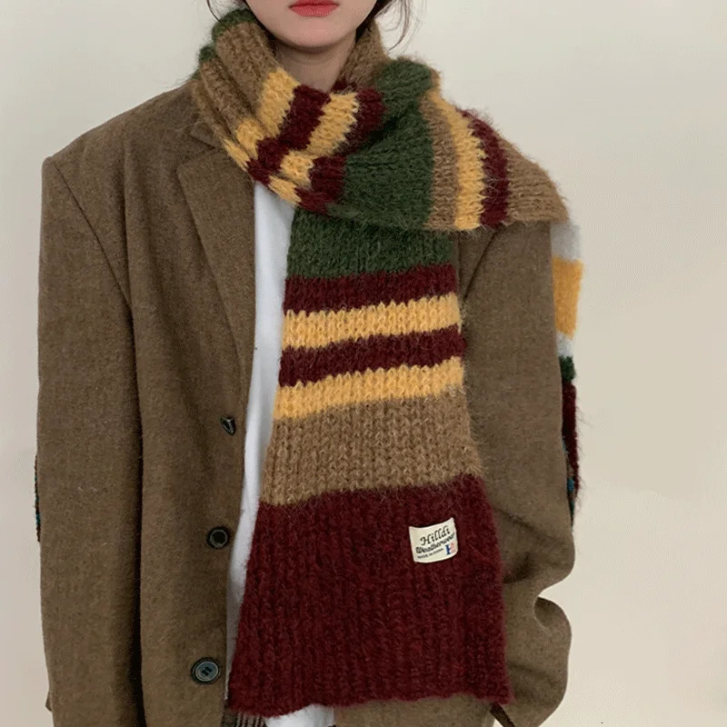 Scarf Man women Winter Warm Wool knitted Scarf Womens Fashion Colour Blocking Striped Thick Warm Scarf Shawl Wrap 241220