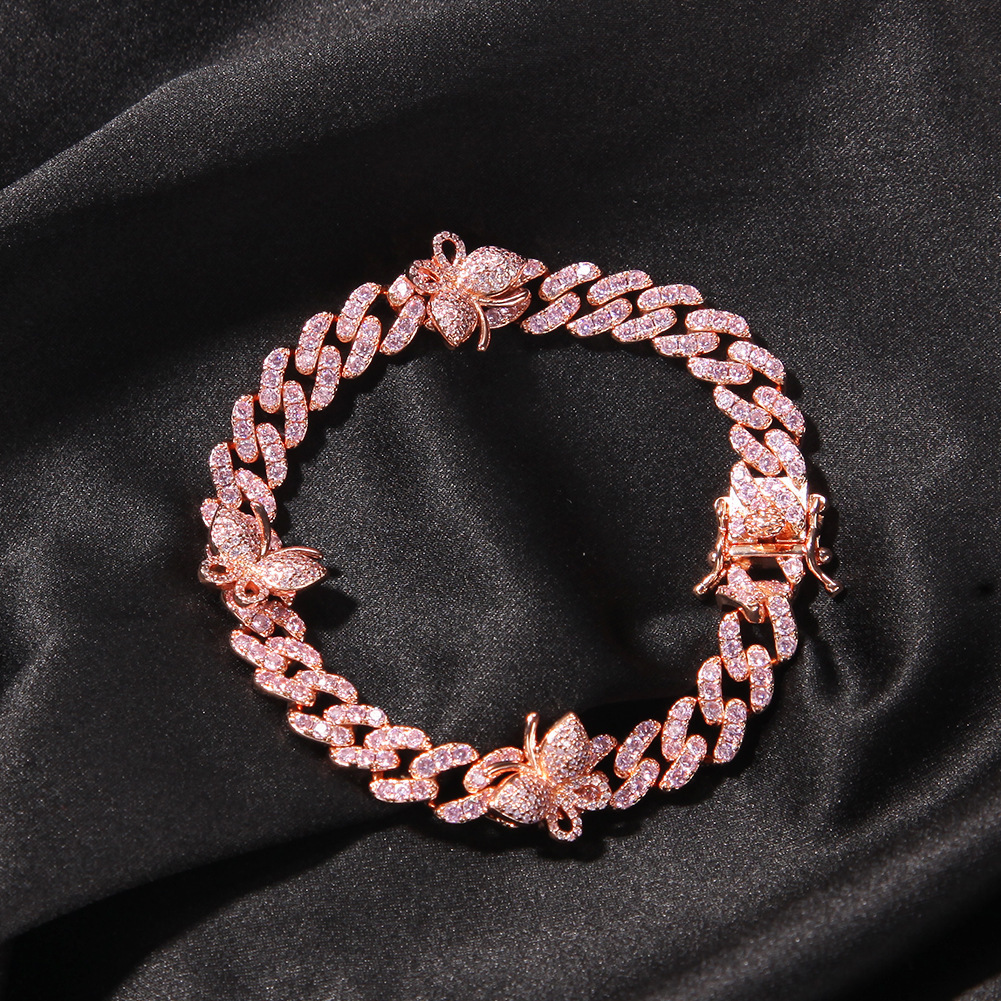 9mm 7-9inch Full Cz Stones Iced Out Butterfly Charms Bracelet Anklet Aesthetic Copper Prong Cubic Zirconia Hip Hop Cuban Link Chain Bangle Bracelets B