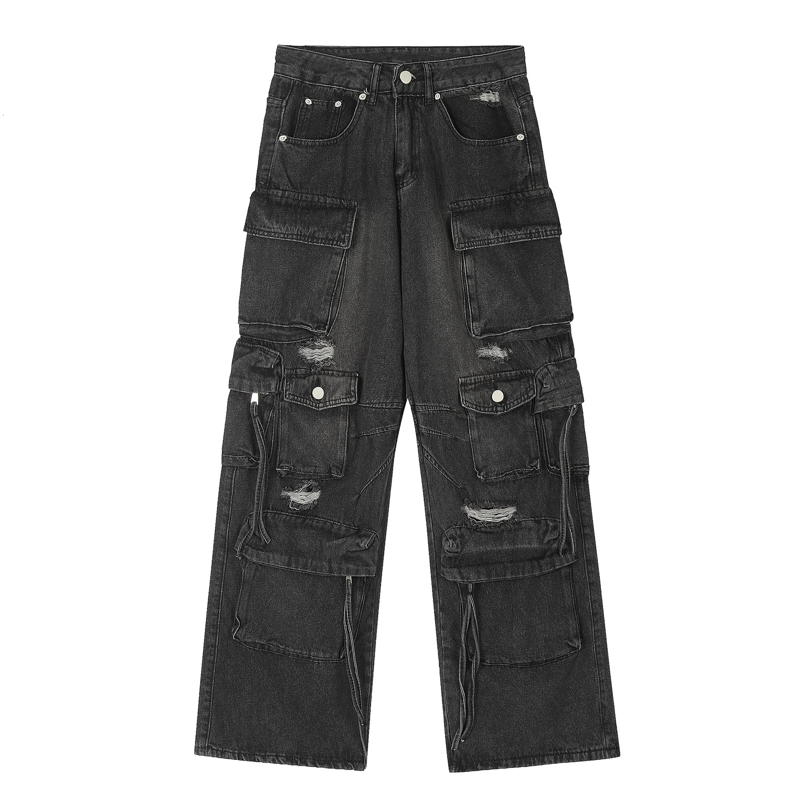 Multi Pocket Cargo Jeans Hip Hop Streetwear Pants for Men Distressed Ripped Baggy Drop 241218