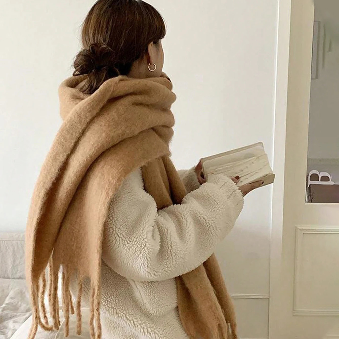 1pc Women Thick Shawl Wraps Cashmere Scarf Winter Warm Solid Color Blanket Scarves Long Tassel Hijab 241220