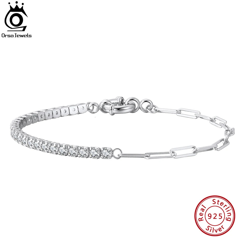 ORSA JEWELS 925 Sterling Silver Paperclip Chains Tennis Bracelet for Women Cubic Zirconia Chain Bracelet Fashion Jewelry SB119 241220