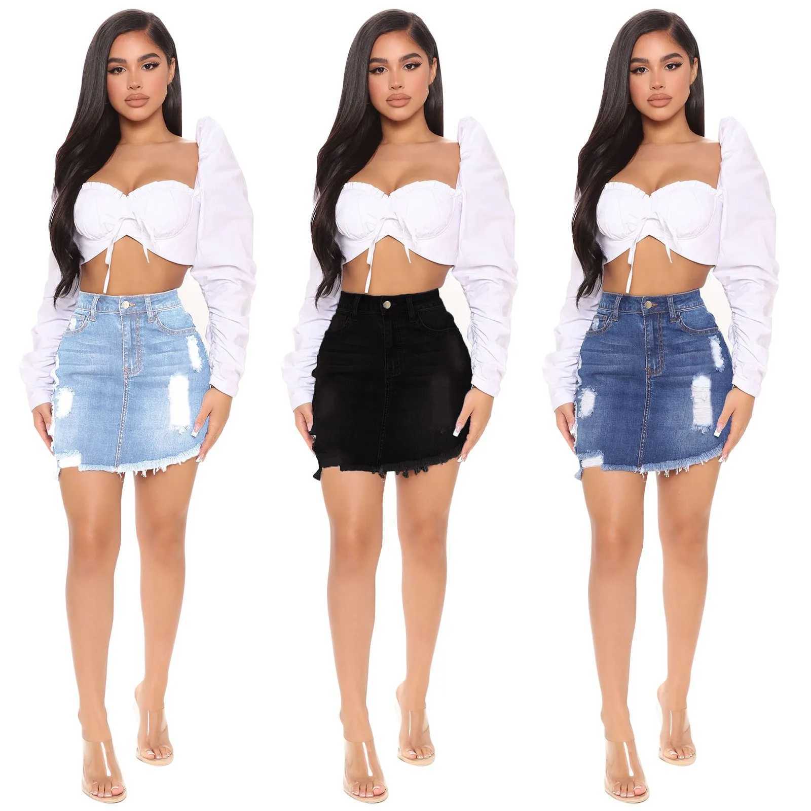 2023 Short Skirt Summer High Button Denim Casual Waist Women Hole Tassel Denim Saia Jeans Mini Skirt Pocket SkirtXJ241221