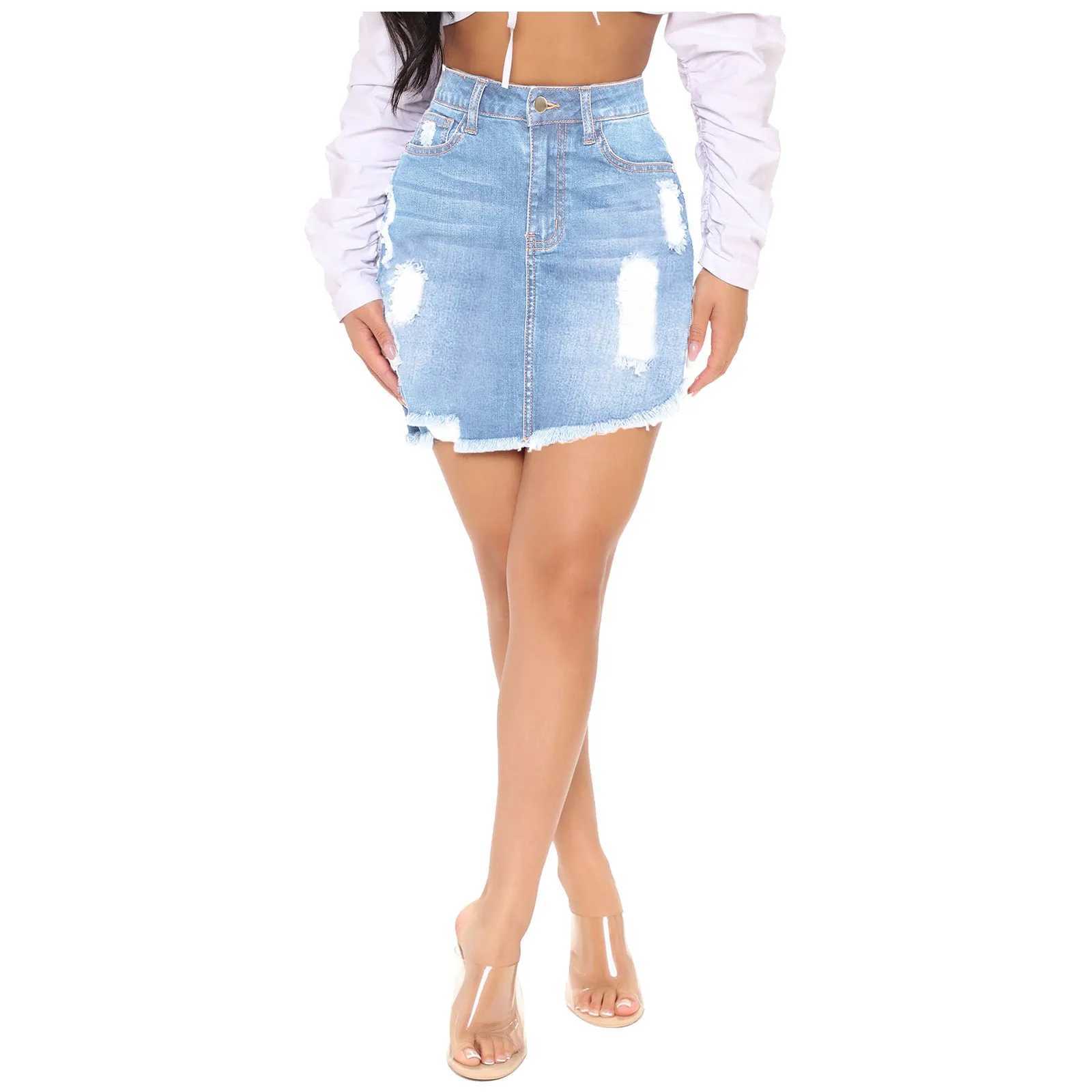 2023 Short Skirt Summer High Button Denim Casual Waist Women Hole Tassel Denim Saia Jeans Mini Skirt Pocket SkirtXJ241221