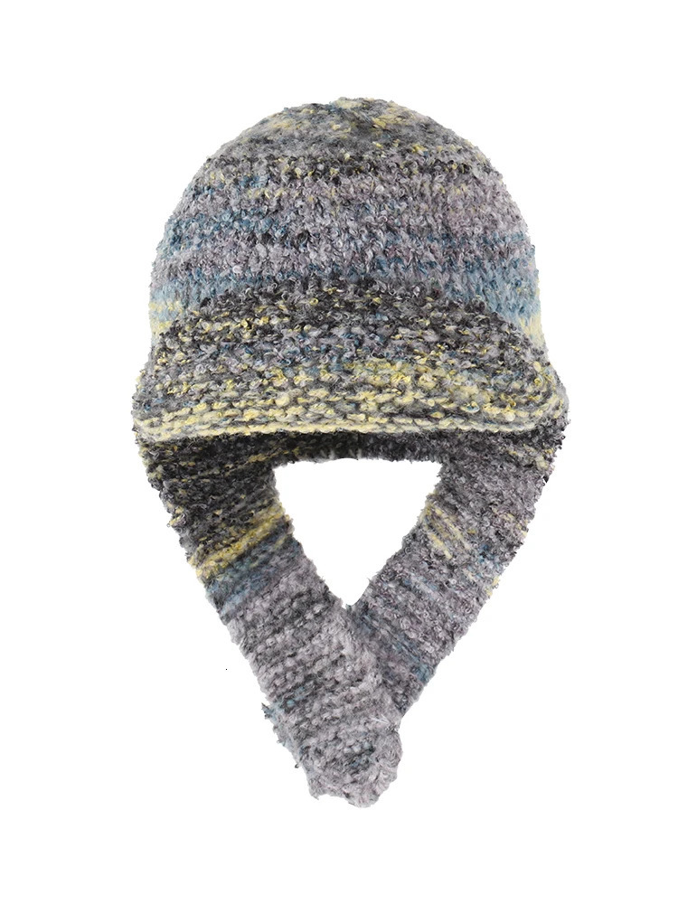 Niche retro handmade knitted hat for women automatic winter wool hat color comparison warm earmuffs flying hat Lei Feng hat for men 241220