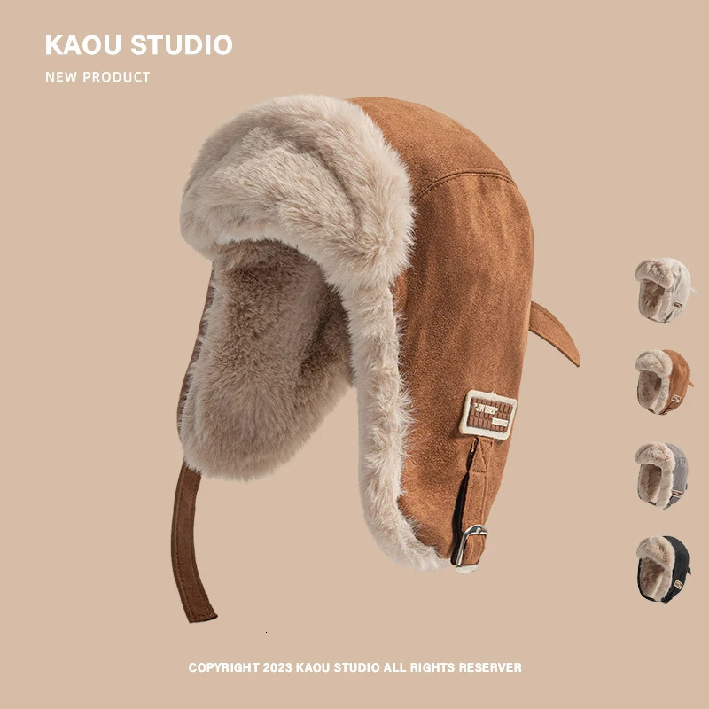 Winter suede warm Lei Feng hat for men and women outdoor velvet thick anti cold bicycle ear protection pilot bomber hat 241220