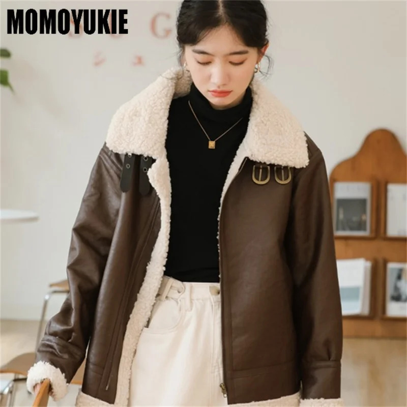 Winter Style Casual Loose Women Streetwear Faux Lamb Leather Fur Short Jacket Moto Biker Thick Warm Sheepskin Coat 241216