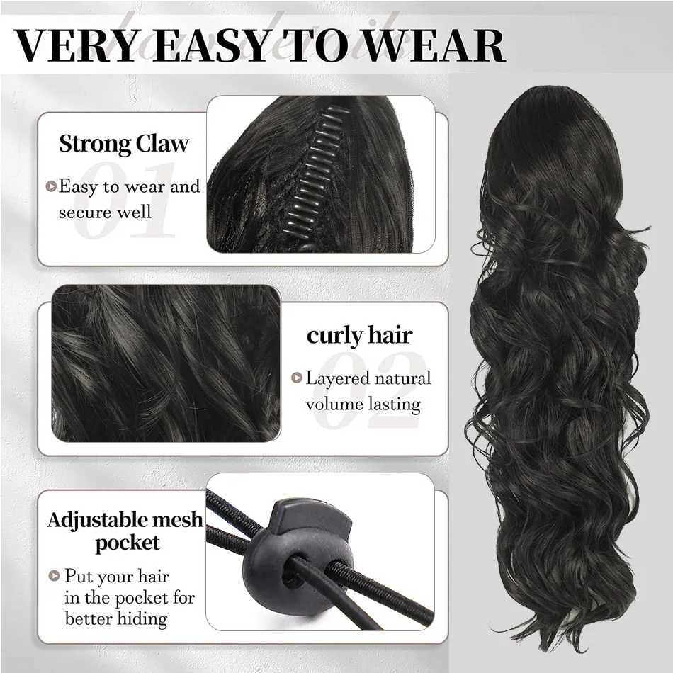 Synthetic 28inch Long Claw On Clip Ponytail Hair Curly Natural Tail False Hair For Women Horse Tail Black HairpieceXJ241221