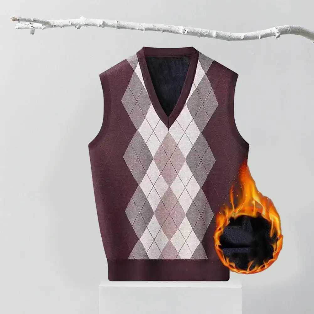 Men Vest Knitted Men Vest Stylish Mens Rhombus Print V-neck Sweater Vest Warm Soft Fashionable Mid-length Knitted for FallXJ241221